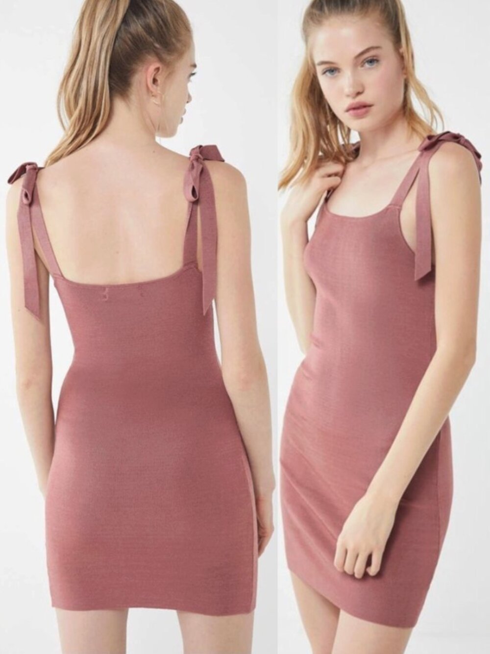 URBAN OUTFITTERS Rose Marie Tie Shoulder Mini Dress Mauve Ribbed Sweater Bodycon